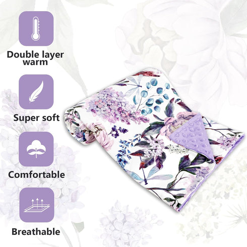 Set Purple Baby Blankets, Minky Toddler Blanket for Boys Girls, Wisteria Floral Nursing Pillow Cover, Nursing