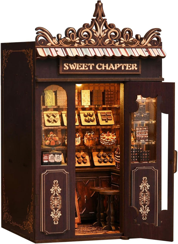 Reenovan Book Nook Kit, DIY Dollhouse Miniature House with LED Bookshelf Decor Home