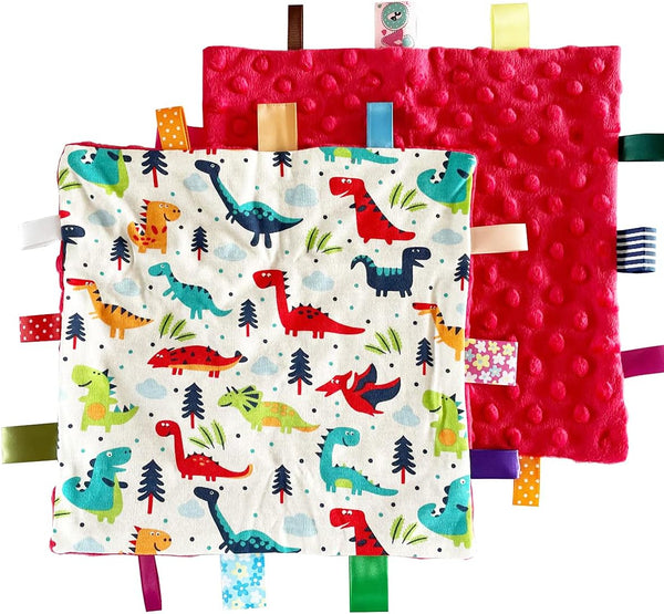 1 PC Red Dinosaur Baby Tag Blanket, Cute Label Blanket, Small Tags Security Blanket for Kids Toddlers Gift