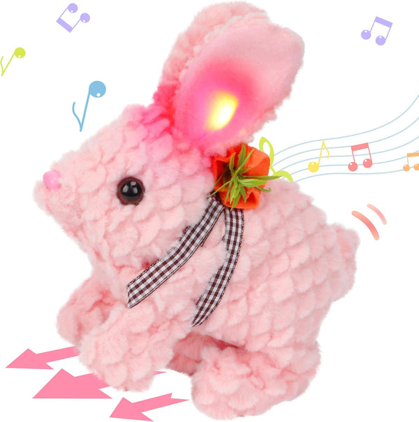 Hopearl Hopping Rabbit with LED Ears Carrot Backpack, Interactive Plush Bunny Toy with Sounds, Gift for Toddlers, Pink,
