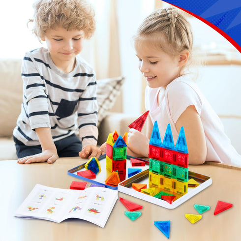Gemmicc 58 PCS Mini Magnetic Tiles, Travel Magnet Construction Toys with Metal Storage Box, Sensory Montessori Toys