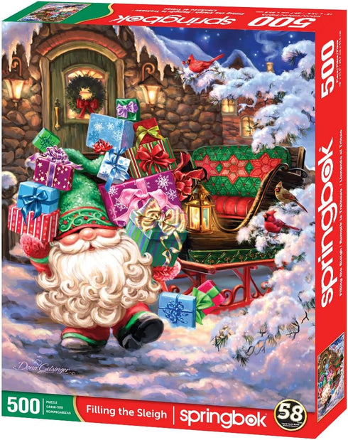 Springbok - Filling The Sleigh - 500 Piece Jigsaw Puzzle- Illustration of Santa Gnome Filling his Christmas Sleigh with Gifts