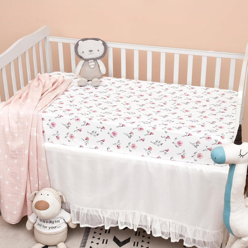 3 Pack 28x52 Inches PHF Soft Rose Floral Crib Sheets Fitted, Silky Comfy Breathable Baby Sheets for Boys Girls, Fits