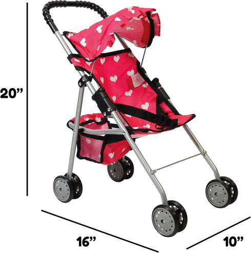 Pink Heart Design Doll Stroller with Basket - Foldable & Stylish