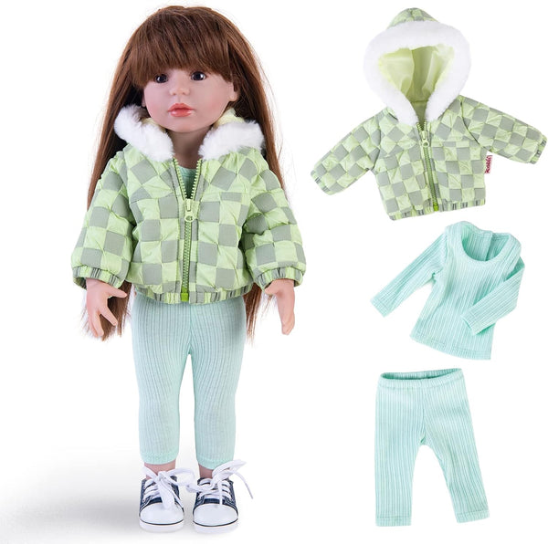 Doll Clothes 3 Pc. Set - Light Green Grey Plaid Hooded Thick Coat, Checkerboard Jacket, Warm Outfit for 18" Dolls