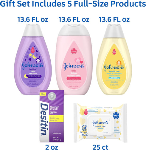 Set, 5 Johnson's Baby Here Comes Baby Gift Baby Essentials for New Parents with Moisturizing Lotion, Bedtime Bath, Body