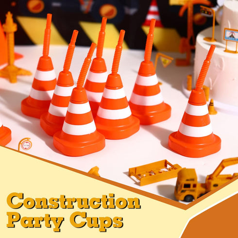 8 Pack 10 oz Set Sawysine Construction Cone Cups with Straws Bulk, Traffic Cones Party Favor Plastic Reusable Kids Race