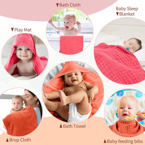 VitalCozy 6 (32 32 Inch,Cherry Pcs Baby Muslin Hooded Bath Towels and Washcloths Muslin Cotton Hooded Baby Towels
