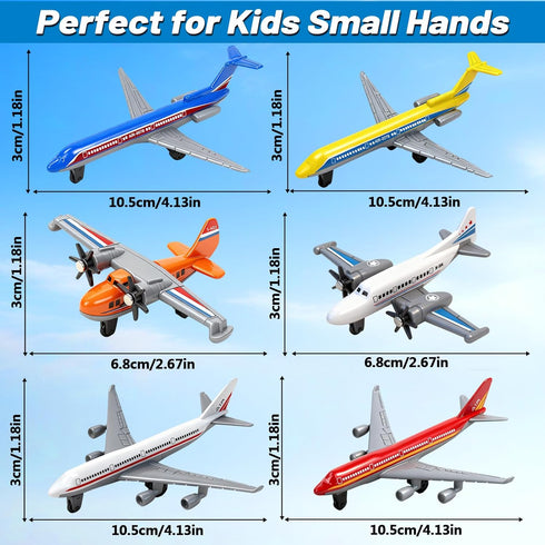 6 Pack 3-5 6 7 QUANA Airplane Toys, Metal Plane Pull Back Toy Airplanes for Kids Years Old, Die Cast Aircraft Models