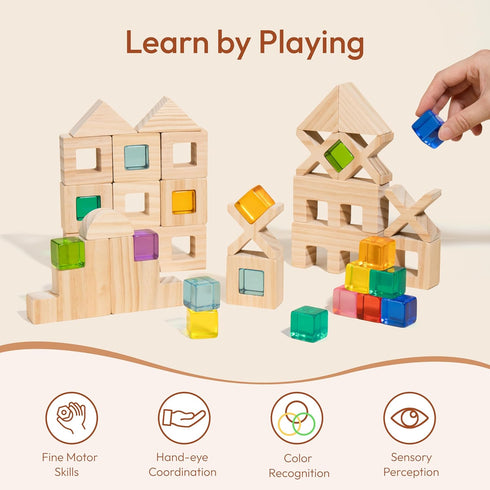 Wooden Rainbow Building Blocks Set for Kids, 22 PCS Wooden Blocks & 25 PCS Acrylic Gem Cubes, Montessori Stacking Toys