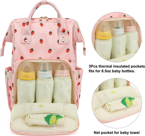 Yusudan Backpack Corduroy Diaper Bag for Baby Girls Boys, Women Large Nappy Bags for Mom (Pink Corduroy Strawberry)