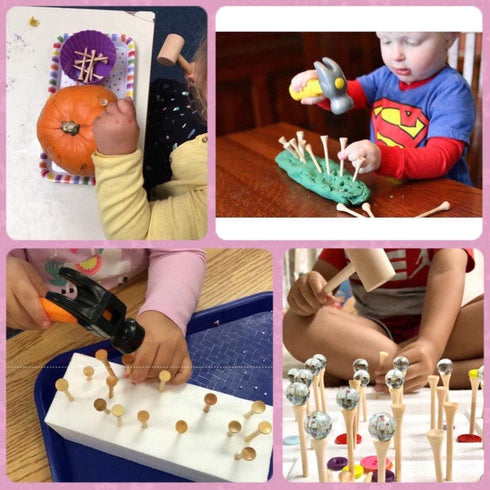 Hammering and Pounding Toys for Kids, 1 Wood Hammer and 30 Bamboo Nails for Fine Motor Skills