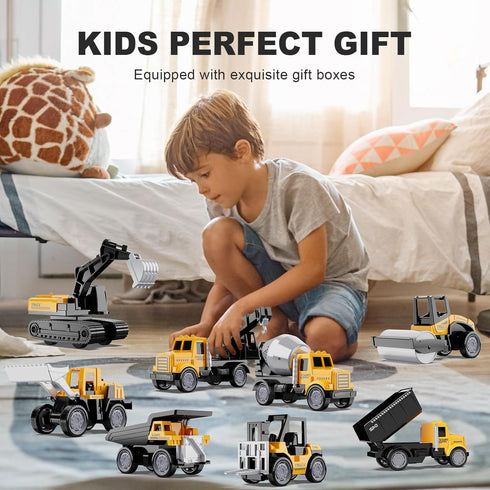 Alloy Mini Construction Vehicles, 8Pcs Die-cast Set, Excavators, Mixer Truck, Bulldozers, Pull Back Toys for Kids