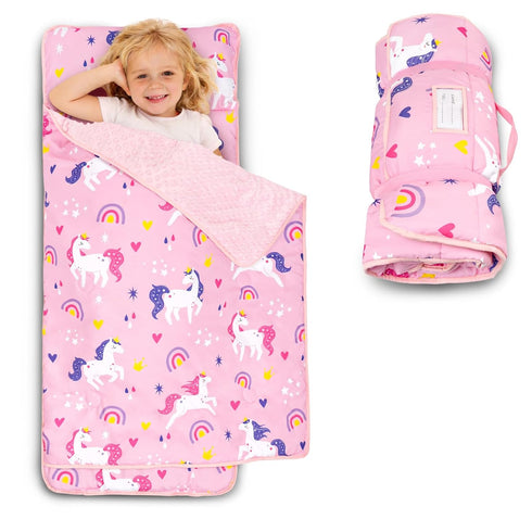 Toddler Nap Mat with Pillow and Minky Blanket, Large 55"x36" Sleeping Bag,