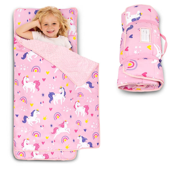 Toddler Nap Mat with Pillow and Minky Blanket, Large 55"x36" Sleeping Bag,