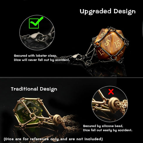 DND Dice Necklace: Dice Cage for Interchangeable D20 Dice for Gamers