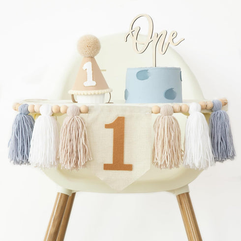 1st First Birthday High Chair Banner Decorations For Boy Birthday Hat With One Cake Topper Photo Backdrop