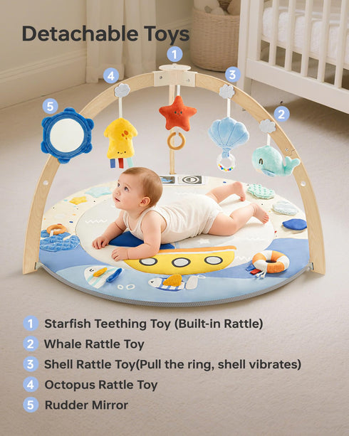 5 Tummy 7 BG-BABYGO Baby Play Gym Activity Mat, Developmental Zones Wooden Time Mat with Detachable Sensory Toys