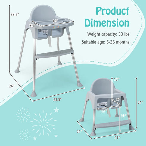 4 1 6-36 BABY JOY Baby High Chair, in Convertible High Chair with Adjustable Legs, Double Removable Tray, Safety