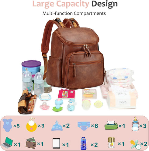Backpack LORADI Lightweight Diaper Bag with Stroller Clips, Insulated Pockets, Baby Shower Essentials (Classic, Brown)