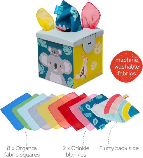 Taf Toys Sensory Crinkle Tissue Box for Toddlers, Colorful Soft Scarves and Crinkling Blankies, STEM Montessori Toy