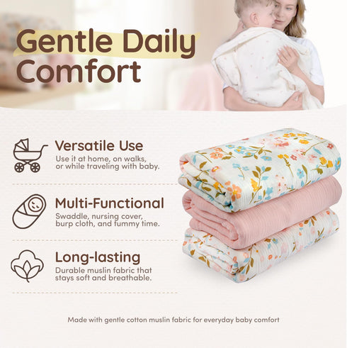 Set, 3 Pack 47"x47" Set Muslin Swaddle Blankets Baby Blanket Breathable Swaddles for Newborns, Soft Baby Swaddle