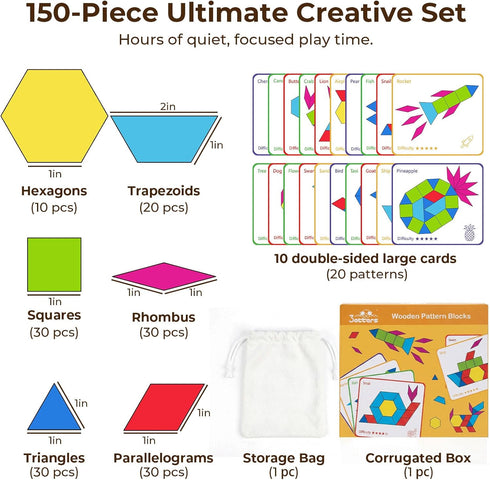 3 150 otters Wooden Pattern Blocks Shapes for Kids, Geometric Tangram Puzzle with Activity Cards, PCS Educational Toy