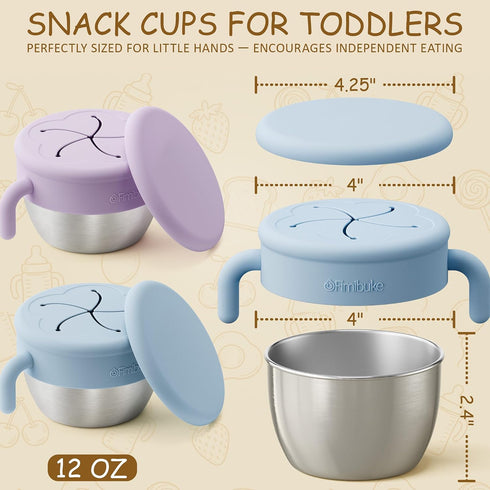 Fimibuke 12 OZ 2 Pack Snack Containers for Toddlers Kids, Spill Proof Stainless Steel Baby Snack Cups with Removable