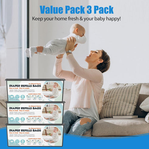 Zippland 30 7-Layer 3 Pack (90 Diaper Pail Refills Bags with Bags Compatible with Genie Easy Roll Signature