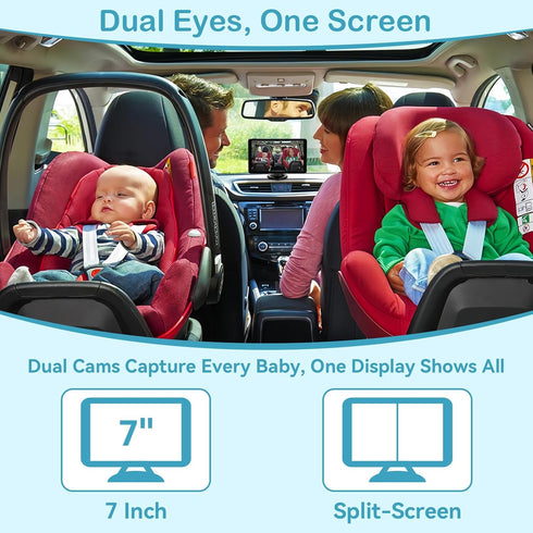 pemacom 2-Kids: 7 Inch 1080P Baby Car Camera for IPS Display with Dual Carseat Cameras, Split Screen, Night Vision, HD