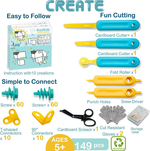 149 5+ Kizzikids Cardboard Tools for Kids with Cutter &Tool Box, PCS Cardboard Construction Kit for Family & Team