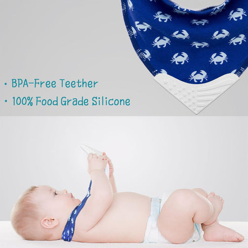 Giftty Baby Teething Bibs, Bandana Bibs with Teether, Teething Toy, BPA-Free Silicone Teether Cotton Drool Bib with Adjustable Snap for Baby Boys and Girls (Aqua, 5-Pack)