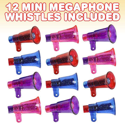 ArtCreativity Mini Glitter Megaphone Whistles, Set of 12 Fun Noisemaker Toys, Cute Birthday Party Favors for Kids
