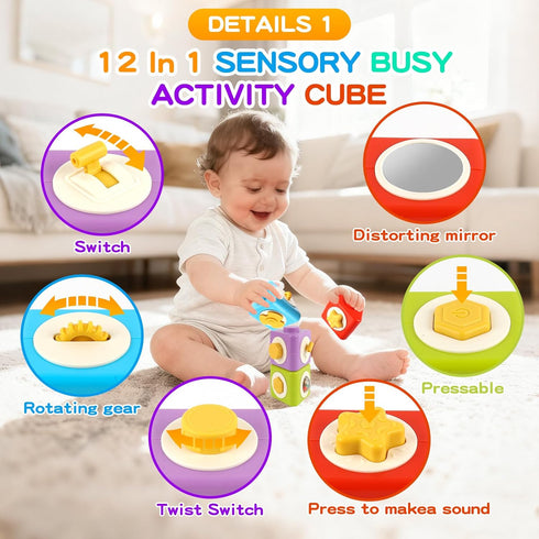 1 12-in-1 1-2, Montessori Activity Cube & Busy Board for Year Old - Travel Toys for Airplane & Car, Educational