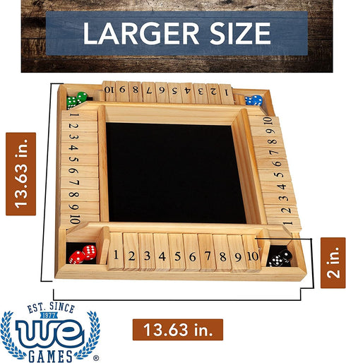 WE Games Classic Shut The Box Board Game - 4 Player Wooden Dice Game, Natural Wood, 14 in., 10 Numbers