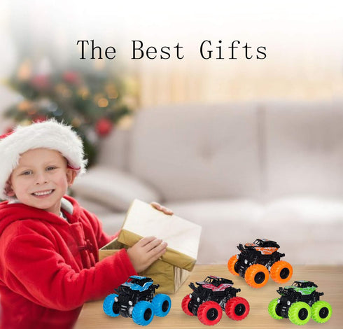 LONANDY 4 Pack Monster Truck Toys - Friction Powered Push and Go Toy Cars, Stunt Toy Vehicles for Kids Ages 3+
