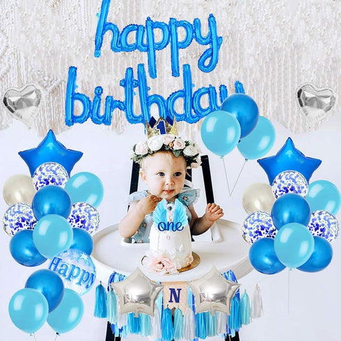 BEISHIDA Blue Happy Birthday Balloons Banner, 16 Inch Mylar Foil Birthday Letters Balloons for Kids Adults Ocean Theme