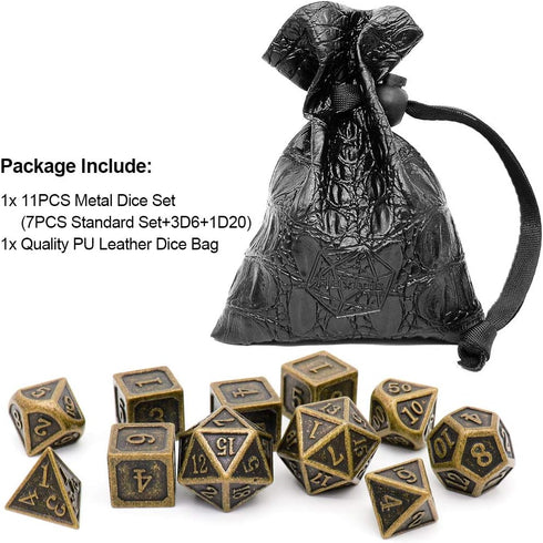 Haxtec 11 Pieces Metal DND Dice Set, Antique Bronze D&D Extra D6 D20 Compatible with TTRPG Games