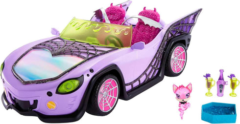 Monster High Toy Car, Ghoul Mobile with Pet & Cooler Accessories, Purple Doll-Sized Convertible