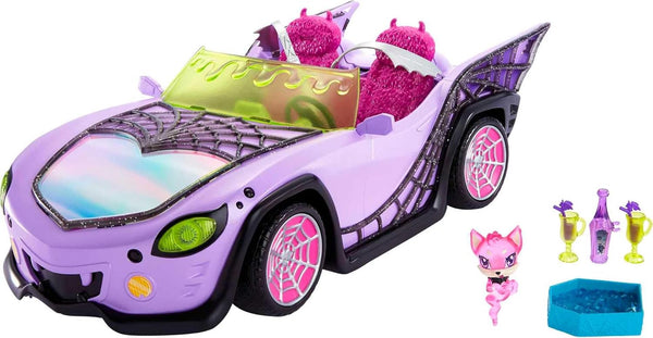 Monster High Toy Car, Ghoul Mobile with Pet & Cooler Accessories, Purple Doll-Sized Convertible