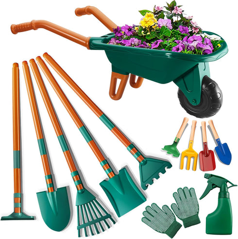HOSPONY Kids Gardening Set-Kids Gardening Tools Wheelbarrow Set with Shovel, Leaf Rake, Gloves,