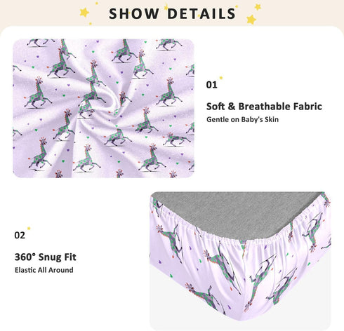 miaozhen 1 Pack 52x28 Cotton Crib Sheets for Baby Boys Girls Soft Stretchy Funny Animal Giraffe Purple Green Heart