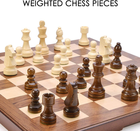 AMEROUS Wooden Chess & Checkers Set - 15 Inches (2 in 1) with Upgraded Weighted Chess Pieces, Gift Package