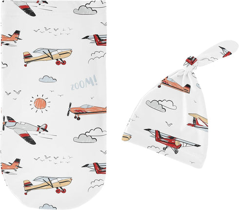 Set Set Sweet Jojo Designs Vintage Airplane Boy Baby Cocoon Swaddle and Beanie Newborn Jersey Infant Wearable Blanket