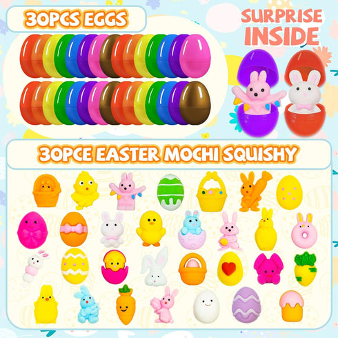 UUSYCUN 30PCS Prefilled Easter Eggs with Mochi Squishy Toys, Easter Squishies Stuffed Plastic Eggs for Easter Basket