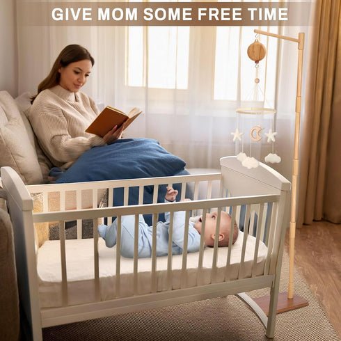 65 Inch 100% 35 Floor-Standing Crib Mobile Arm with Music Box - Mobile Arm for Crib - Beech Wood - Crib Mobile Motor
