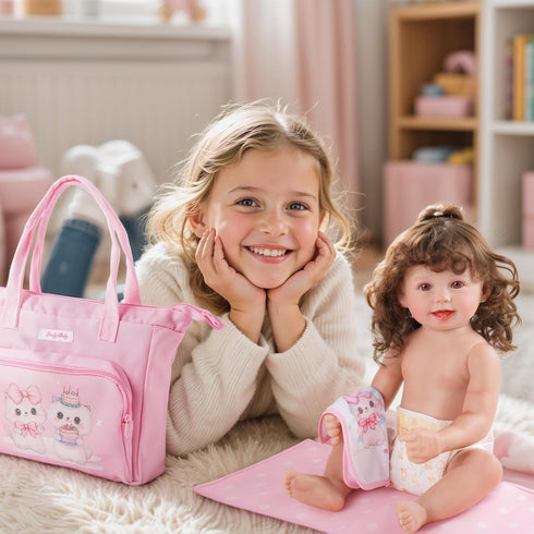 5 Set, BABESIDE Pcs Baby Doll Diaper Bag Cute Cat Patterns Baby Doll Accessories with Pink Dolls Diaper Bag Changing
