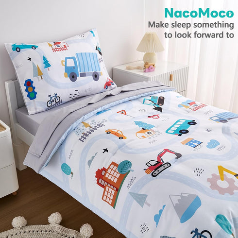 4-Piece Set Set Cars Toddler Bedding for Boys Girls- Soft & Skin Friendly Toddler Bed Includes Toddler Comforter, Flat