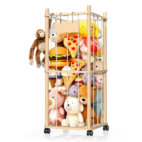 Belveora Stuffed Animal Storage Organizer, Wooden Plushies Toy Zoo Holder with Wheels, Large
