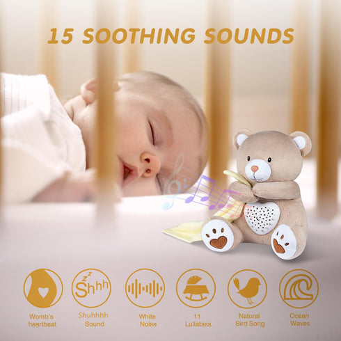 BEREST Rechargeable Baby Sleep Soother Bear, Mom's Heartbeat & Lullabies, White Noise Sound, Nursery Decor Night Light